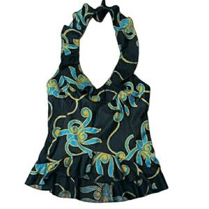 COOL HUNTING PEOPLE BOHO SCOOP NECK RUFFLE BLACK/BLUE HALTER NWOT